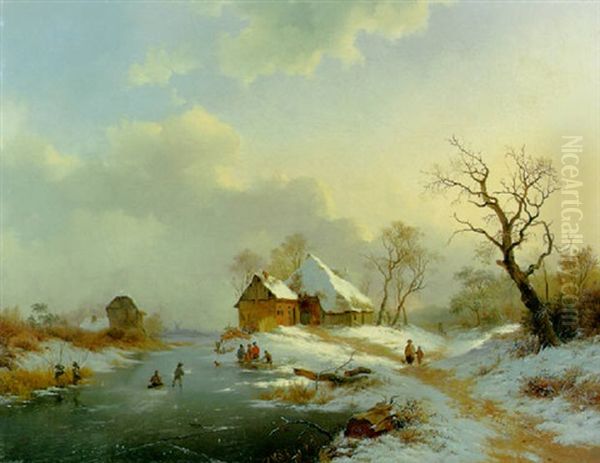 Winter Landsape With Figures On A Frozen Waterway Oil Painting by Frederik Marinus Kruseman