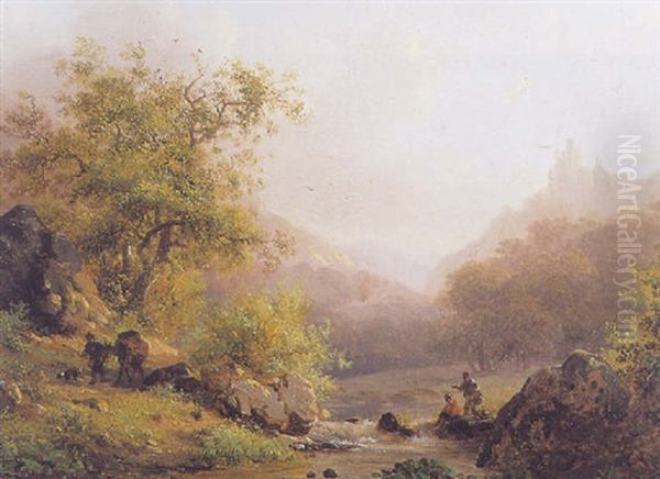 Figures By A Stream In A Summer Landscape by Frederik Marinus Kruseman