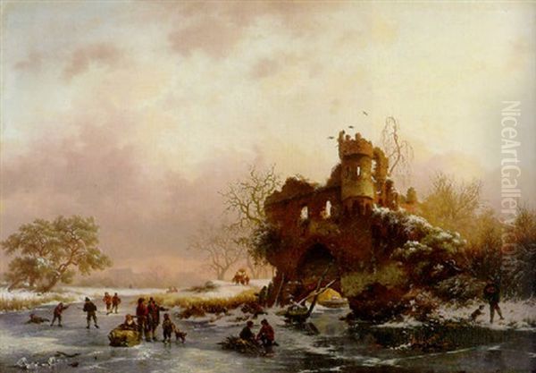 Winter Landscape With Skaters Near A Dilapidated Castle Oil Painting by Frederik Marinus Kruseman