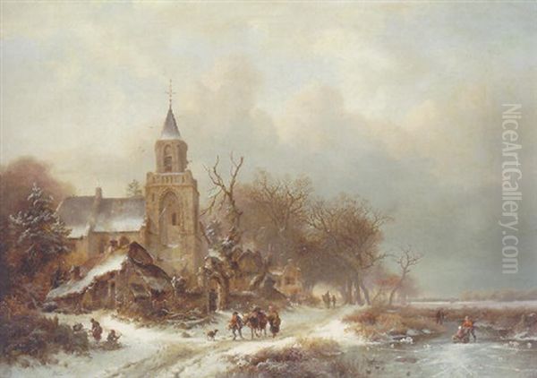 A Frozen Winter Landscape Oil Painting by Frederik Marinus Kruseman