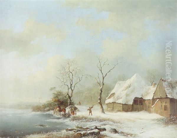 A Winter Landscape With Figures And Horses Near A Barn Oil Painting by Frederik Marinus Kruseman