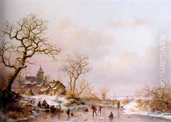 Winter: Townsfolk Skating On A Frozen Waterway Near A Fortified Mansion At Dusk Oil Painting by Frederik Marinus Kruseman