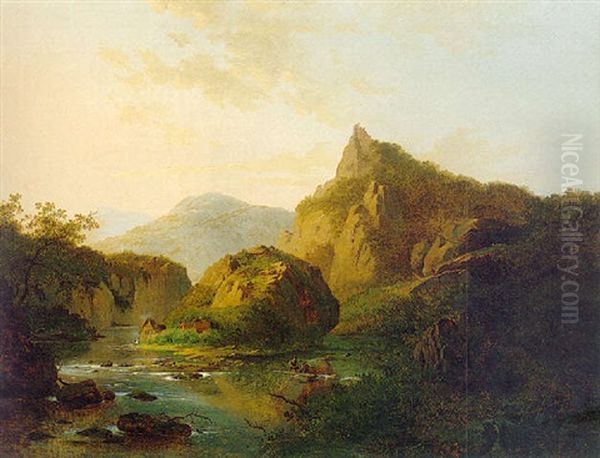 A Mountainous Landscape Oil Painting by Frederik Marinus Kruseman