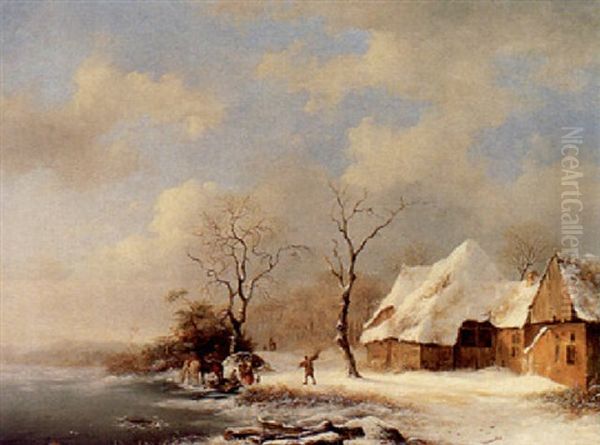 Woodgatherers In A Winter Landscape Oil Painting by Frederik Marinus Kruseman