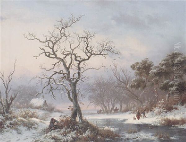 Faggot Gatherers In A Winter Landscape Oil Painting by Frederik Marinus Kruseman