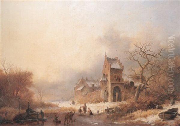 Figures On A Frozen River In A Winter Landscape Oil Painting by Frederik Marinus Kruseman