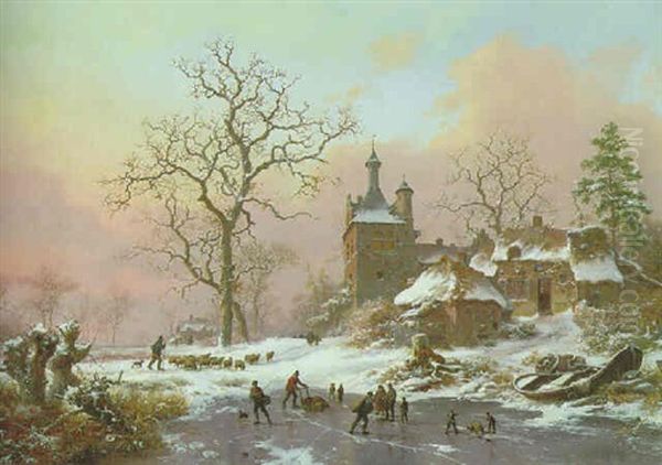 Skaters On A Frozen Pond Oil Painting by Frederik Marinus Kruseman