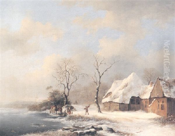 Winter Landscape With Figures Oil Painting by Frederik Marinus Kruseman