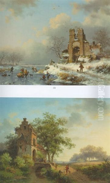 A Frozen Winter River Landscape With Figures Skating On The Ice by Frederik Marinus Kruseman