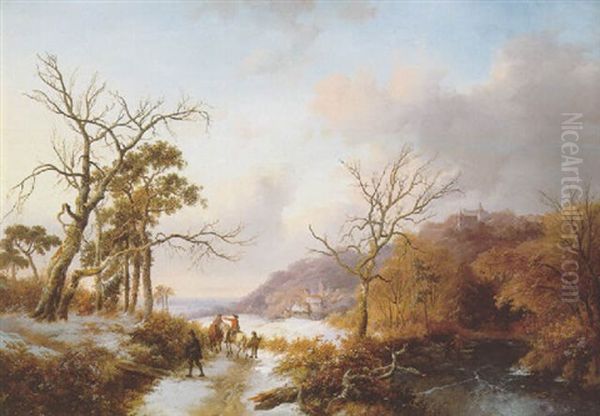 Travellers In A Winter Landscape Oil Painting by Frederik Marinus Kruseman