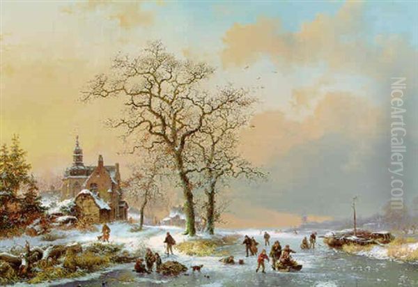 A Winter Landscape With Figures On A Frozen River Oil Painting by Frederik Marinus Kruseman