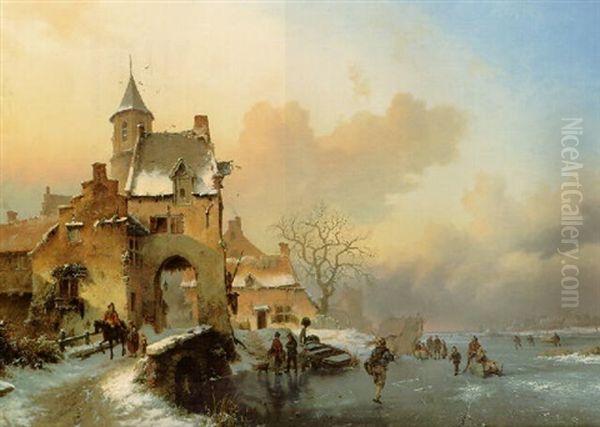 Figures Crossing A Bridge In A Frozen Landscape Oil Painting by Frederik Marinus Kruseman