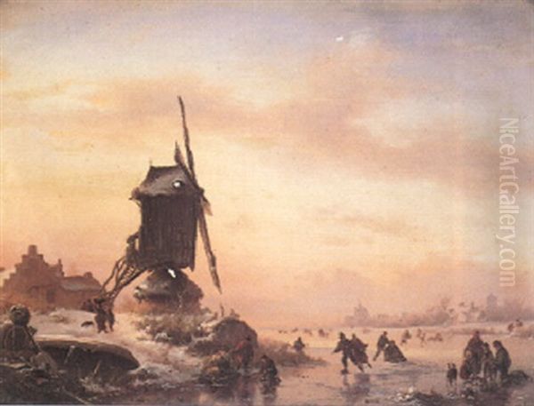 Skaters By A Windmill In A Frozen Winter Landscape Oil Painting by Frederik Marinus Kruseman