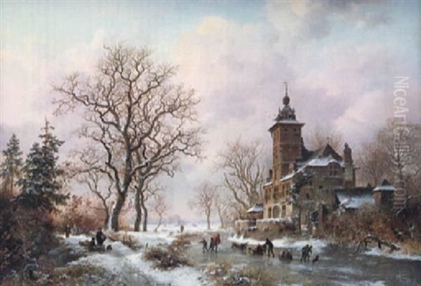 Winter Landscape With Skating Figures Oil Painting by Frederik Marinus Kruseman