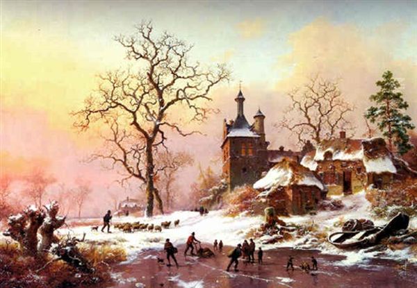 Skaters On A Frozen Pond Oil Painting by Frederik Marinus Kruseman