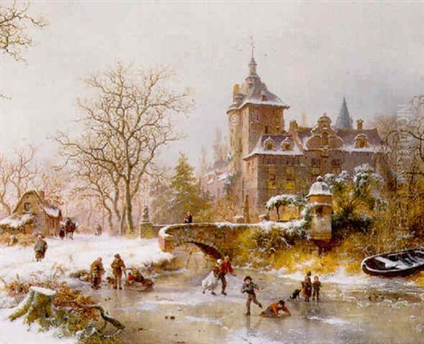 A Frozen Winter Landscape With Skaters On A Pond Oil Painting by Frederik Marinus Kruseman