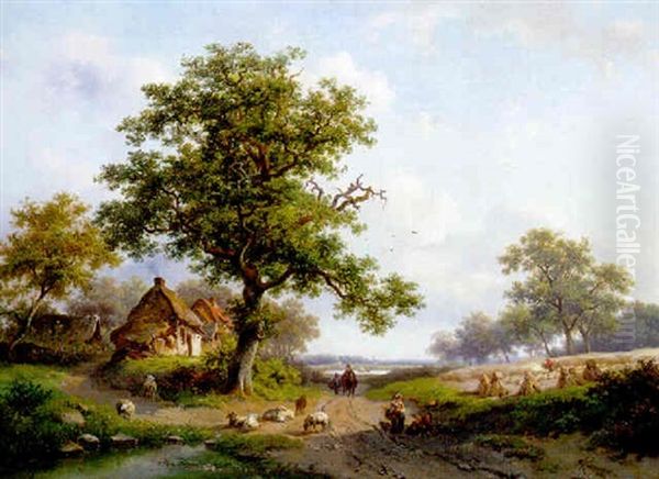 Figures And Sheep On A Path Near Cottages And A Harvester In A Field Oil Painting by Frederik Marinus Kruseman