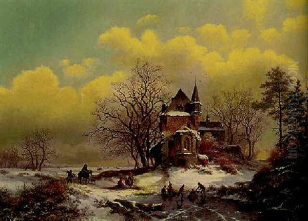 A Frozen Winter Landscape With Skaters On A River Oil Painting by Frederik Marinus Kruseman