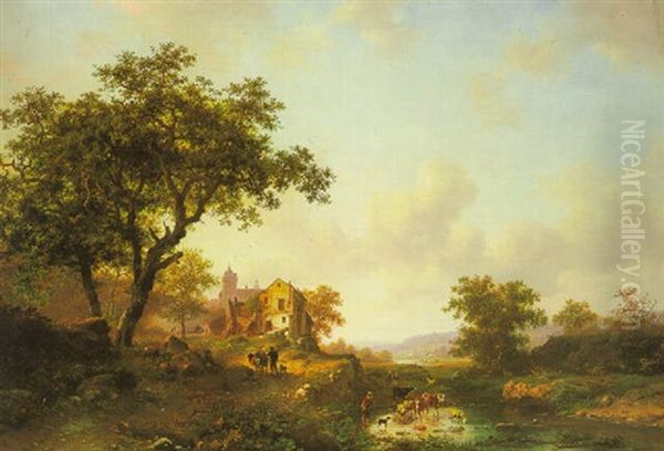 A Romantic Landscape In Summer Oil Painting by Frederik Marinus Kruseman