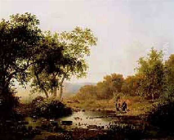 Figures By A Pool In A Wooded Landscape Oil Painting by Frederik Marinus Kruseman