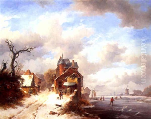 A Winter Landscape With Skaters On A Frozen River Oil Painting by Frederik Marinus Kruseman