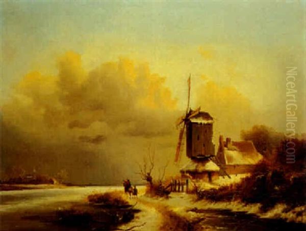 Winterlandschaft Mit Bockwindmuehle An Vereistem Fluss Oil Painting by Frederik Marinus Kruseman