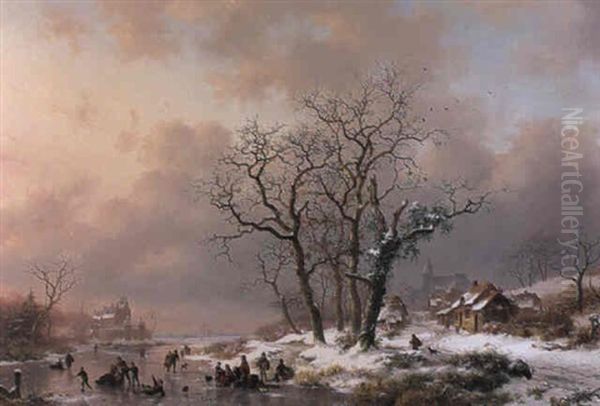 A Winter Landscape With Figures Skating On Frozen River Oil Painting by Frederik Marinus Kruseman