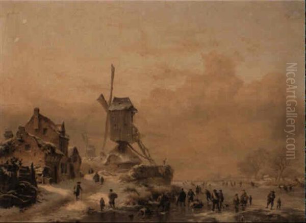 Skaters On A Frozen River Before A Windmill Oil Painting by Frederik Marinus Kruseman