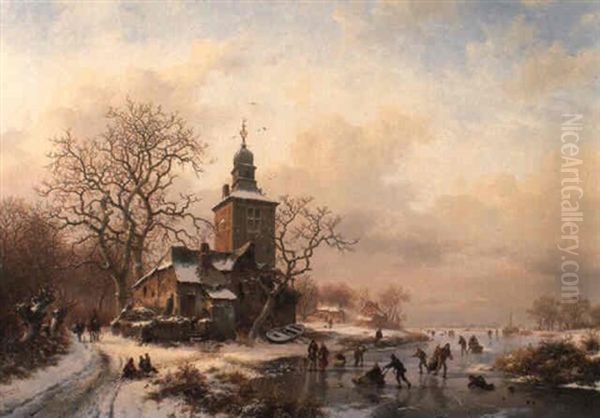 A Dutch Winter Landscape With Figures On A Frozen Canal Oil Painting by Frederik Marinus Kruseman