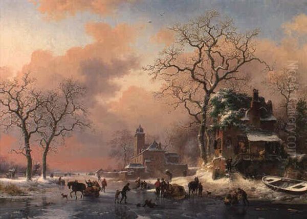 Countryfolk In Frozen River Landscape Oil Painting by Frederik Marinus Kruseman