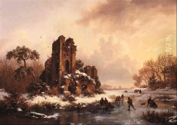 Sunset On A Frozen Pond Oil Painting by Frederik Marinus Kruseman