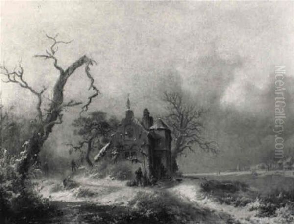 A Wooded Winter Landscape With Sportsmen By A Mansion Oil Painting by Frederik Marinus Kruseman