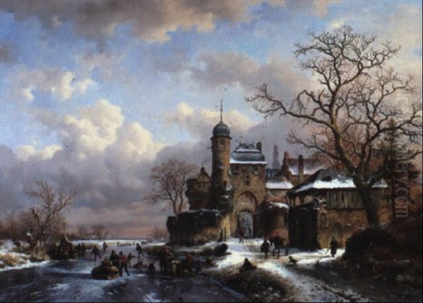 A Winter Landscape With Figures Oil Painting by Frederik Marinus Kruseman