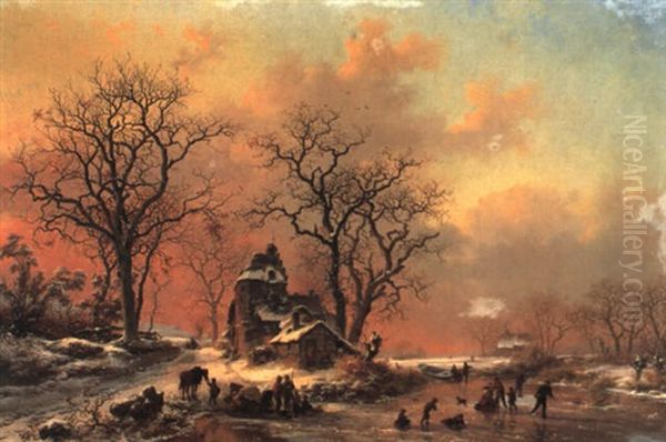 A Winter Landscape With Skaters And Figures Sledging On River Oil Painting by Frederik Marinus Kruseman