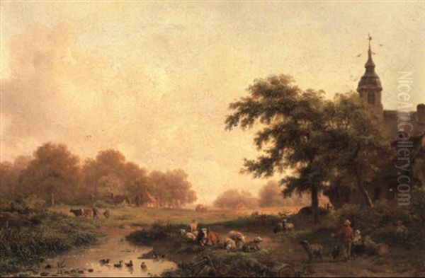 A River Landscape With Cows And Sheep Oil Painting by Frederik Marinus Kruseman