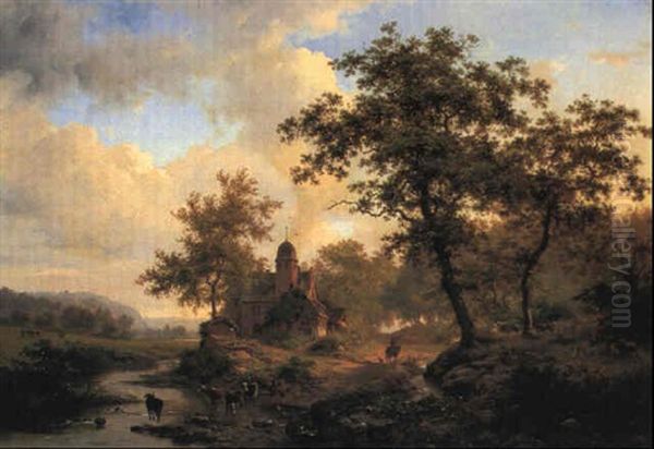 A Summer River Landscape With Cattle Watering Oil Painting by Frederik Marinus Kruseman