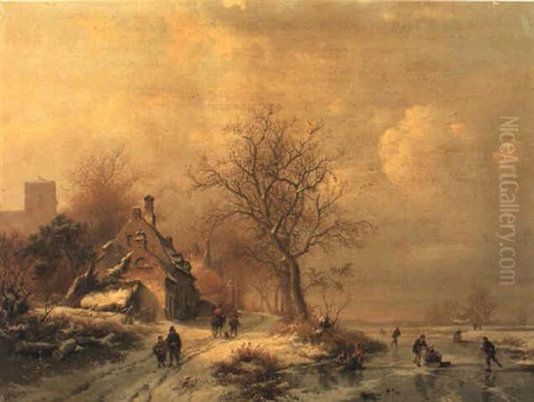 Figures In A Frozen Winter Landscape Oil Painting by Frederik Marinus Kruseman