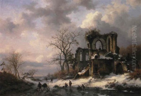 Figures On A Frozen Path By A Ruin Oil Painting by Frederik Marinus Kruseman