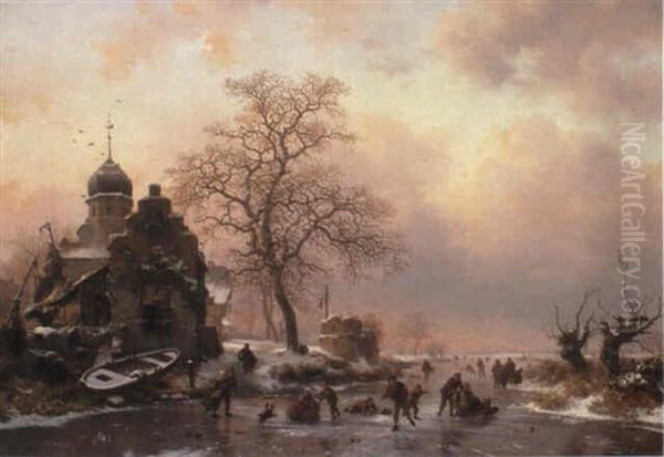 Skaters On A Frozen Lake Oil Painting by Frederik Marinus Kruseman