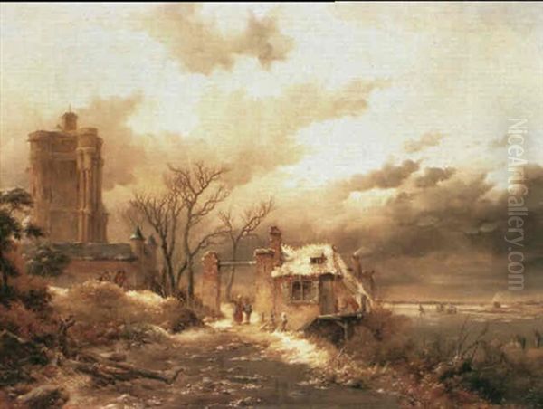 A Winter Landscape With Figures Skating On A Frozen River,  With A Cottage Before A Castle Oil Painting by Frederik Marinus Kruseman