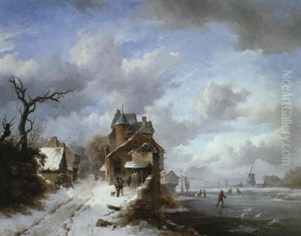 Skaters On A River Oil Painting by Frederik Marinus Kruseman