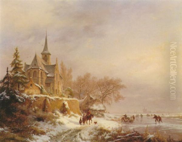 Winter; A Horseman Conversing With A Peasantwoman And       Children On A Snowy Path By A Church... Oil Painting by Frederik Marinus Kruseman