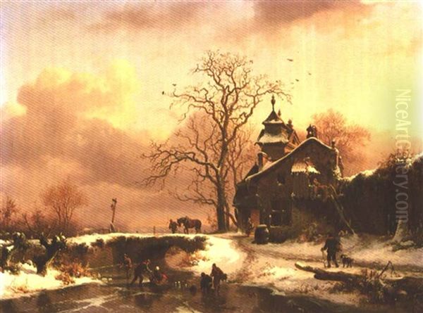 Skaters On A Frozen River Oil Painting by Frederik Marinus Kruseman