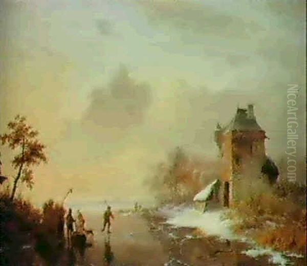 Figures On A Frozen River By A Tower Oil Painting by Frederik Marinus Kruseman