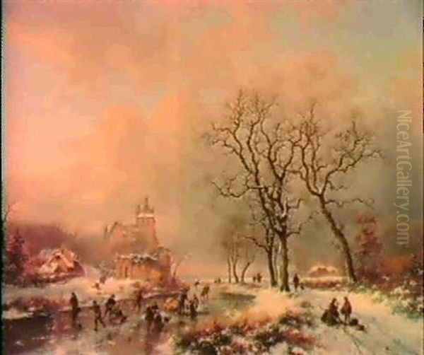 Skaters In A Frozen Winterlandscape. Oil Painting by Frederik Marinus Kruseman