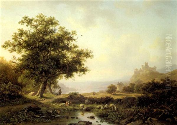 An Extensive River Landscape With A Castle On A Hill        Beyond Oil Painting by Frederik Marinus Kruseman