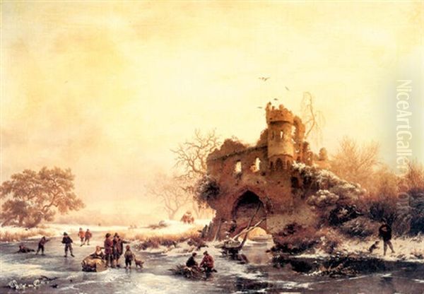 Winter Landscape With Skaters On A Frozen River Beside      Castle Ruins Oil Painting by Frederik Marinus Kruseman