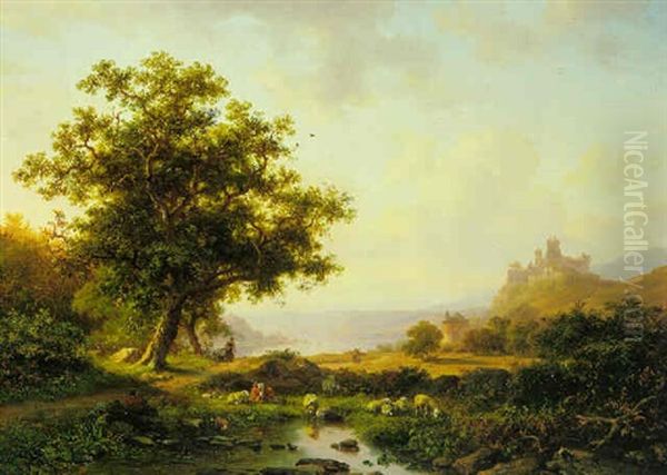 An Extensive River Landscape With A Castle On A Hill        Beyond Oil Painting by Frederik Marinus Kruseman