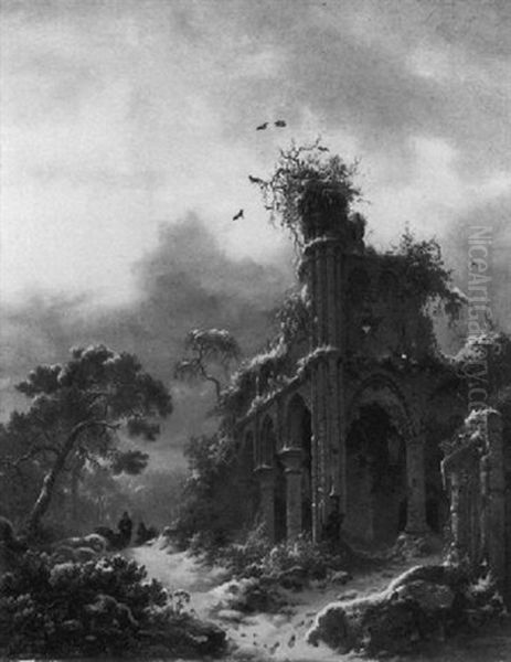 A Winter Landscape With Faggot-gatherers By A Ruined Church Arcade Oil Painting by Frederik Marinus Kruseman