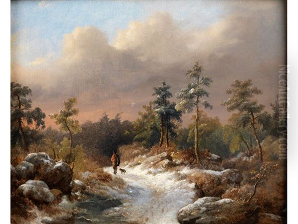 Steinige Baumlandschaft Mit Wanderer Und Hund Auf Einem Gerollweg Unter Bauschigen Wolken Oil Painting by Jan Adam Janszoon Kruseman